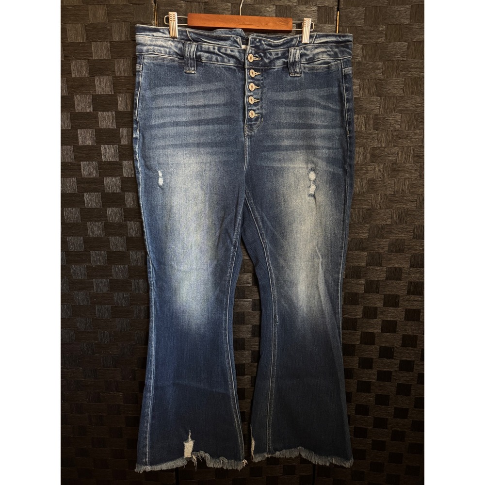 Kancan Flare Jeans Women 16 Blue Excellent Distressed Button Fly Raw Hem